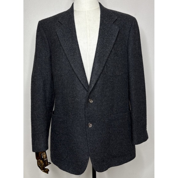Jos A Bank Blazer Men 43L 100% Wool Charcoal Melton Patch Pockets USA Vintage